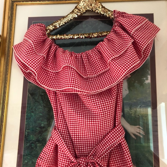 Large double ruffle off shoulder gingham top NWT L - Picture 2 of 5